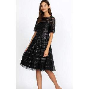 NWT Johnny Was Black Beaded Sequin Mesh Midi Cocktail Dress Size 10 $625